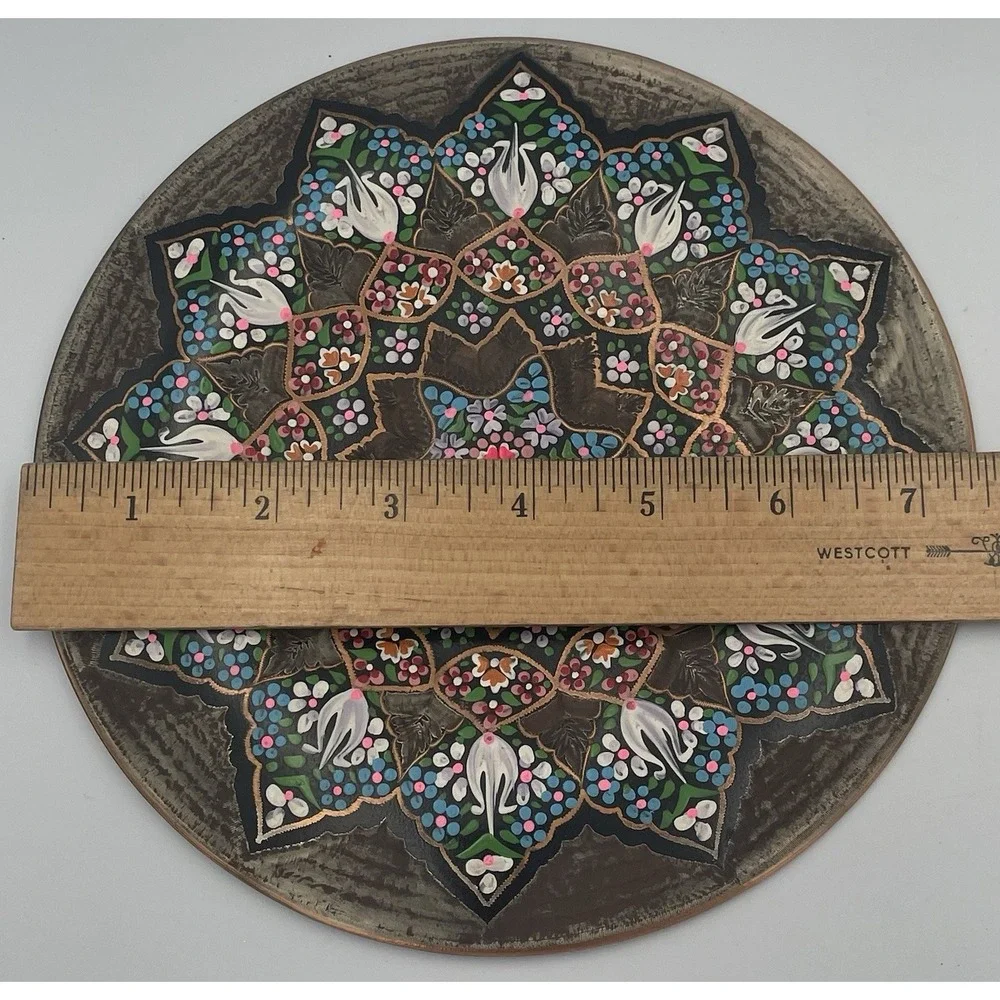 Vintage Turkish Etched Copper Wall Plate Hand-painted Enamel Hanging 7.5